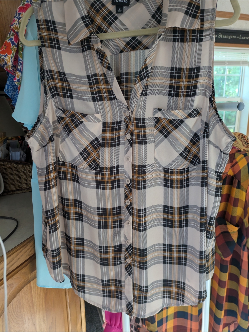 torrid Beige Black Mustard Plaid Sleeveless Button-Front Blouse